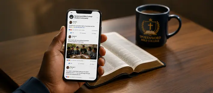 Student viewing the Bible College social media group on a phone