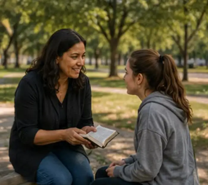 Minister sharing Scripture with someone in a community park