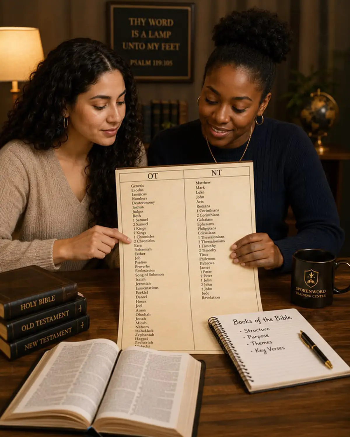 Two Bible students reviewing the books of the Old and New Testaments