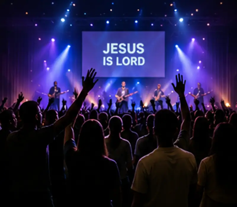 Large worship concert with students raising their hands